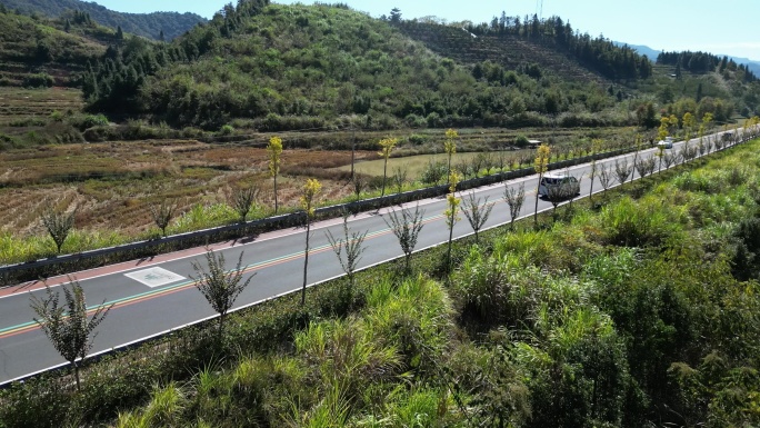 秋天乡村公路上行驶的车辆