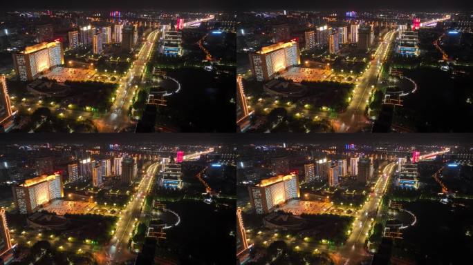 临沂市政府大楼夜景航拍延时车流北京路大桥