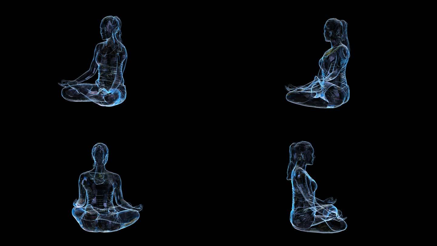 科技全息女士瑜伽盘坐透明通道素材