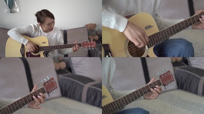 4K美女居家沙发学习弹吉他手部特写乐器