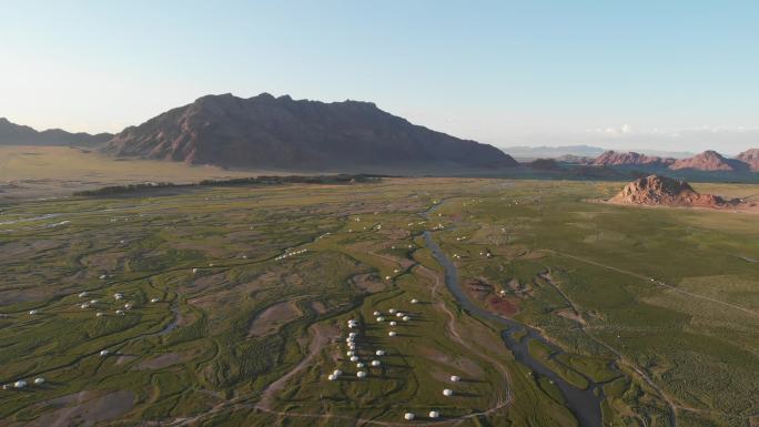 新疆蒙古草原蒙古包航拍