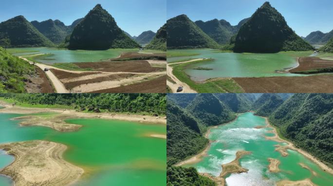 4K航拍隆安更望湖日照风光