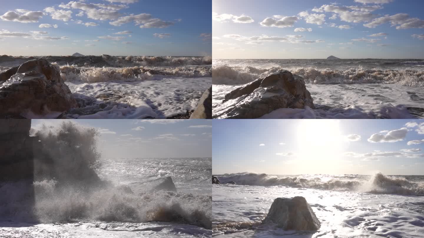 海浪浪花冲击礁石海水升格多组