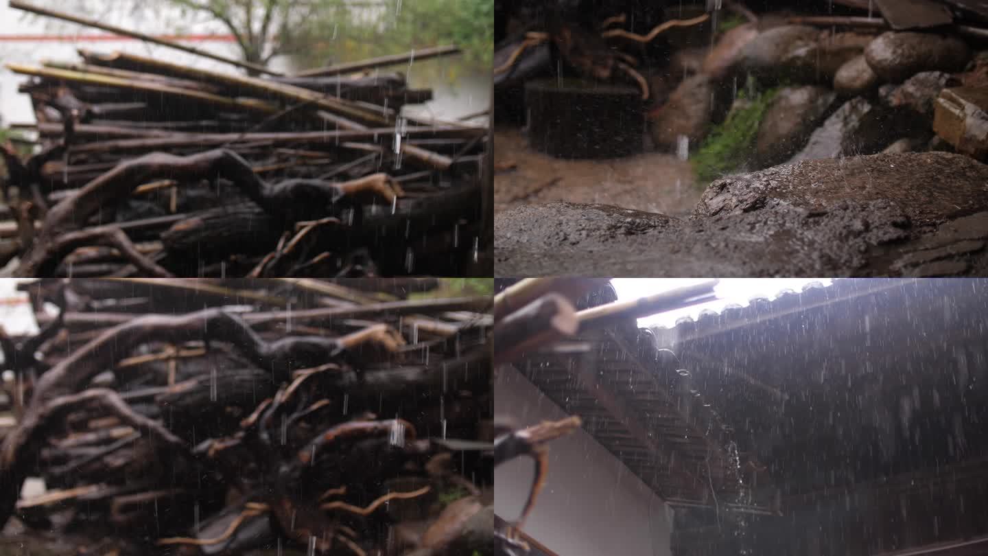下雨雨滴特写南方农村家庭细节柴火