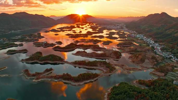 4k仙岛湖风景区日落航拍