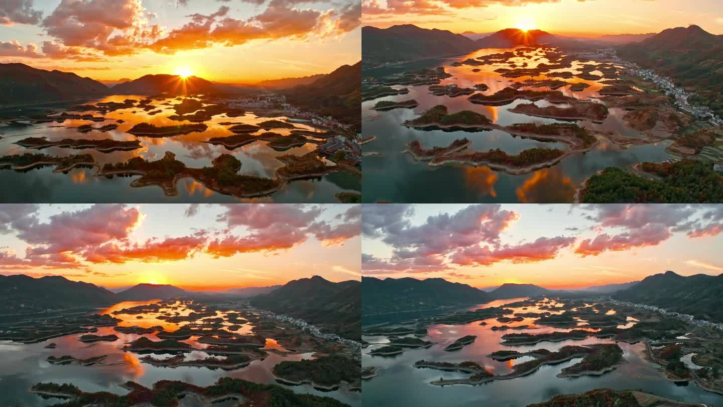 4k仙岛湖风景区日落航拍