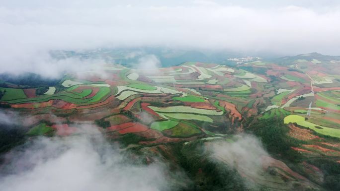 【4K】航拍云雾缭绕的东川红土地