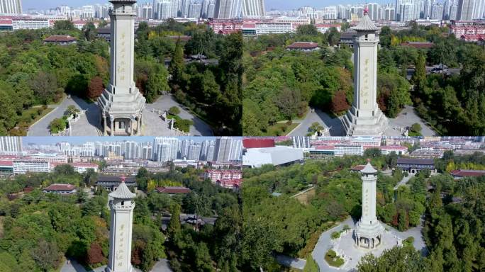 航拍临沂市烈士陵园华东革命纪念碑