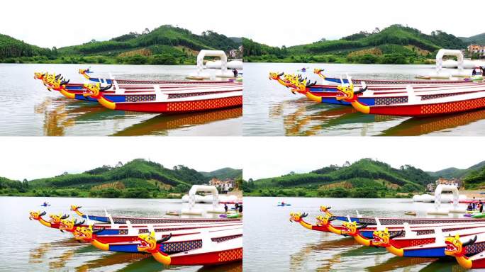 4K航拍南国乡村山东水库龙舟皮划艇比赛