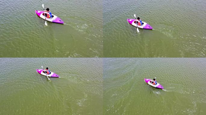 升格航拍南国乡村山东水库皮划艇比赛活动