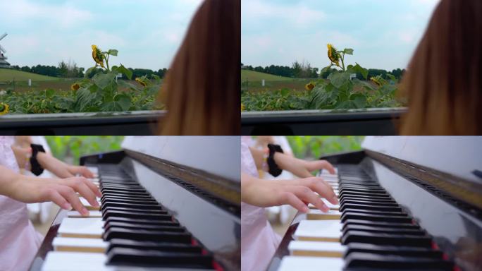 向日葵田园风光女子弹钢琴