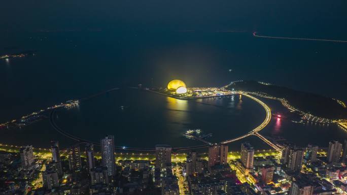 珠海日月贝海上歌剧院贝壳建筑航拍夜景延时