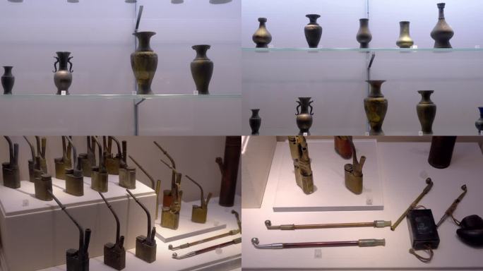 博物馆铜器锁子烟斗展示