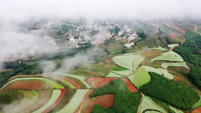 【4K】航拍云雾缭绕的东川红土地上的村落