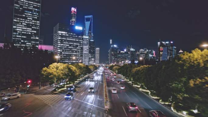 航拍上海陆家嘴世纪大道夜景