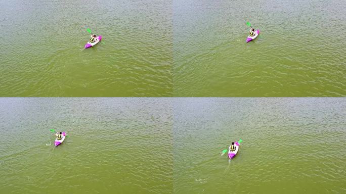 慢动作航拍单人皮划艇水上运动比赛