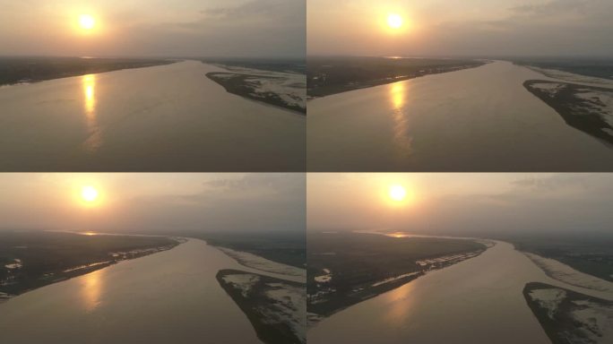 航拍郑州夕阳下的黄河岸边