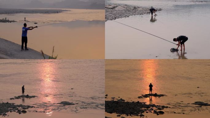 傍晚夕阳河边钓鱼捕鱼垂钓视频素材