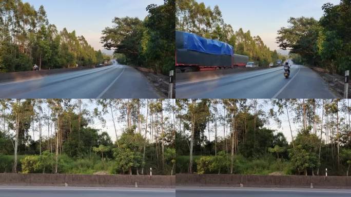 傍晚乡村公路二级柏油公路车流夕阳逆光晚霞