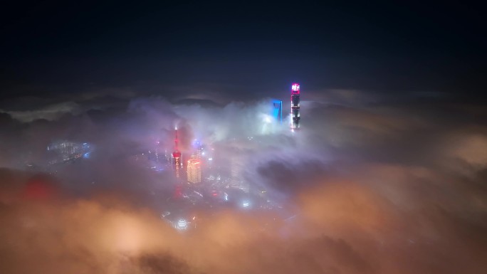 上海十一陆家嘴亮灯平流雾城市地标航拍