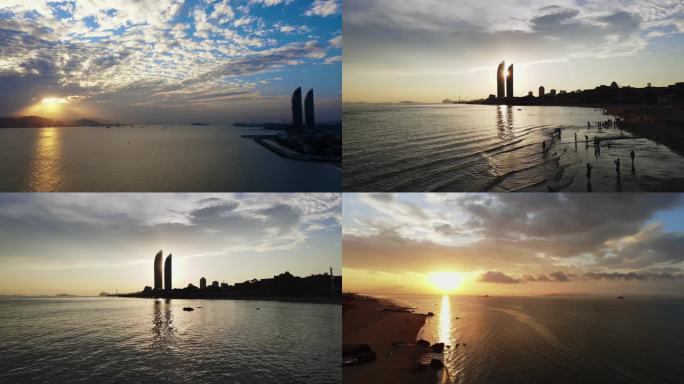 【4K】厦门双子塔，海峡世茂大厦日落航拍