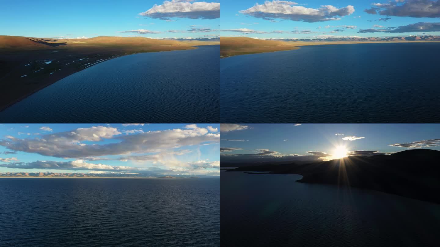 航拍黄昏时分的纳木错湖风景