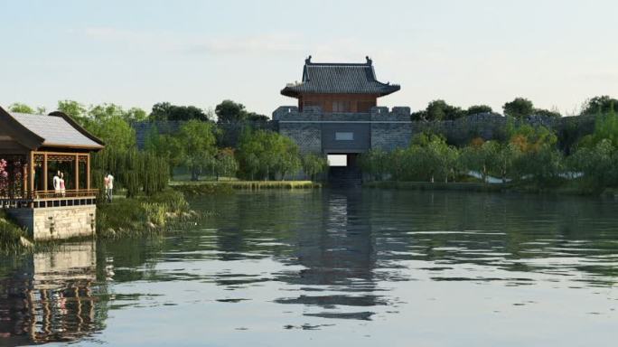 古城城市休闲公园池塘水塘小桥流水木船凉亭