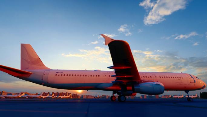 夕阳下从机场起飞的飞机