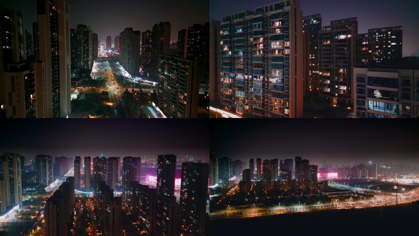 航拍城市小区夜景