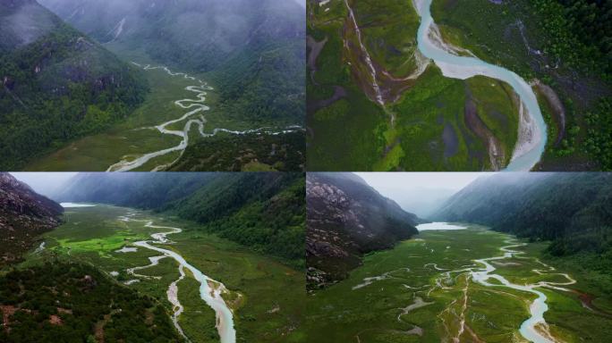 航拍雨中的川西莲花湖深处河谷湿地风光合集