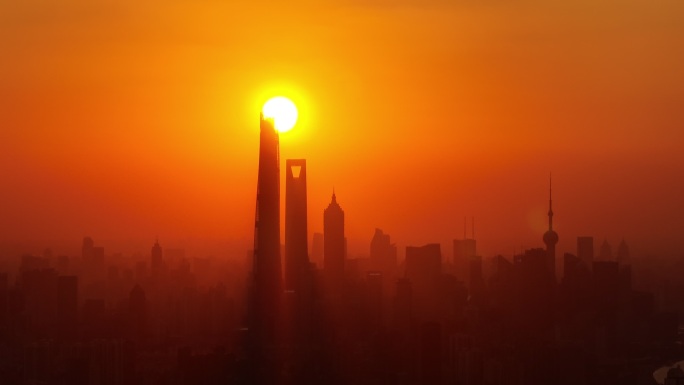 上海陆家嘴日落城市地标悬日航拍