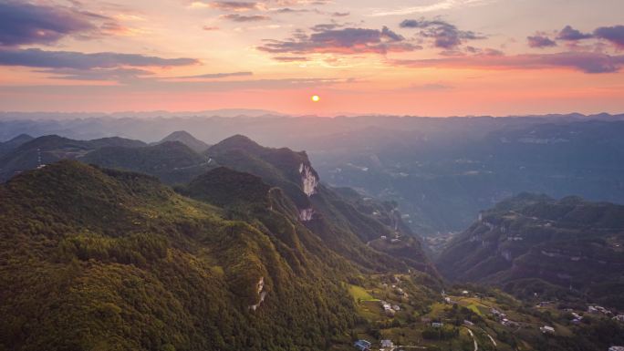 4k航拍山村晚霞延时