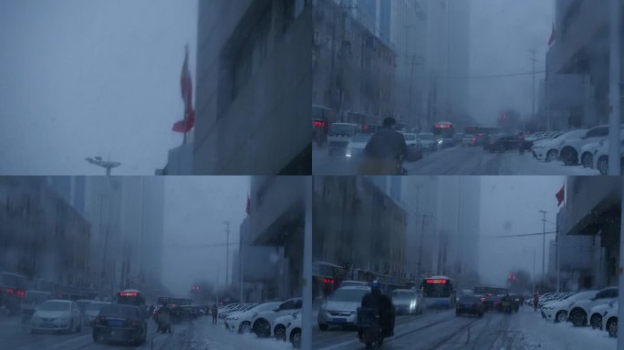 大雪中飘扬得国旗雪中街道行人和慢行得车辆