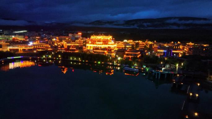 四川省甘孜州甘孜县格萨尔王城夜景航拍