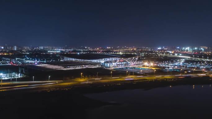 航拍延时青岛北站夜景4K