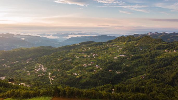 4k航拍山村晚霞延时