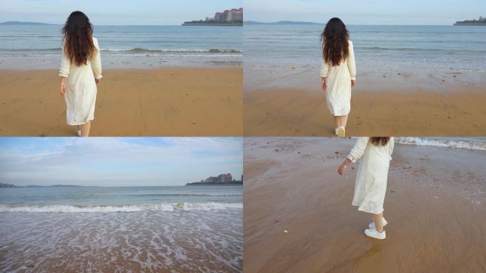 白裙子女孩向大海走去