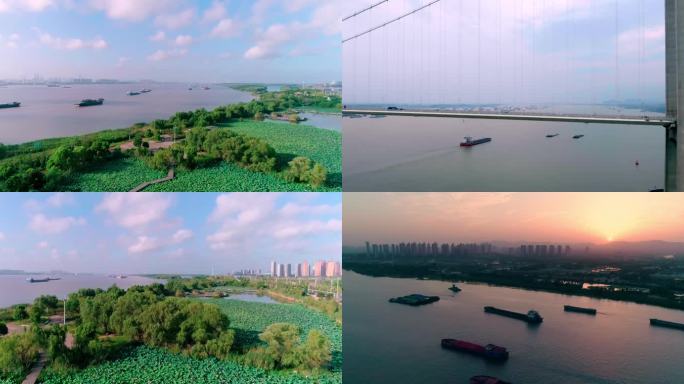 4k-繁忙的货轮夕阳下的长江美景