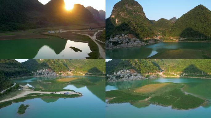 4K航拍广西更望湖日照山水风光H