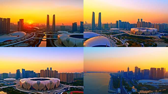 杭州奥体中心日出航拍