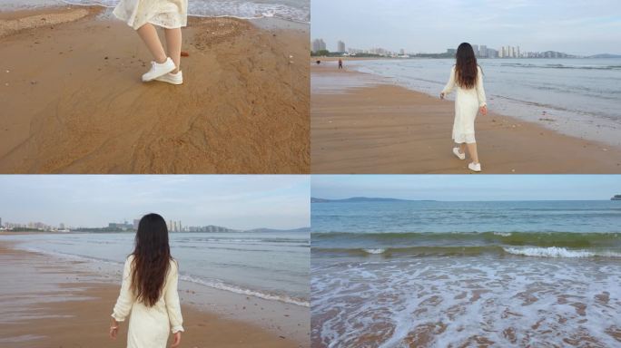 海边散步的白衣女孩