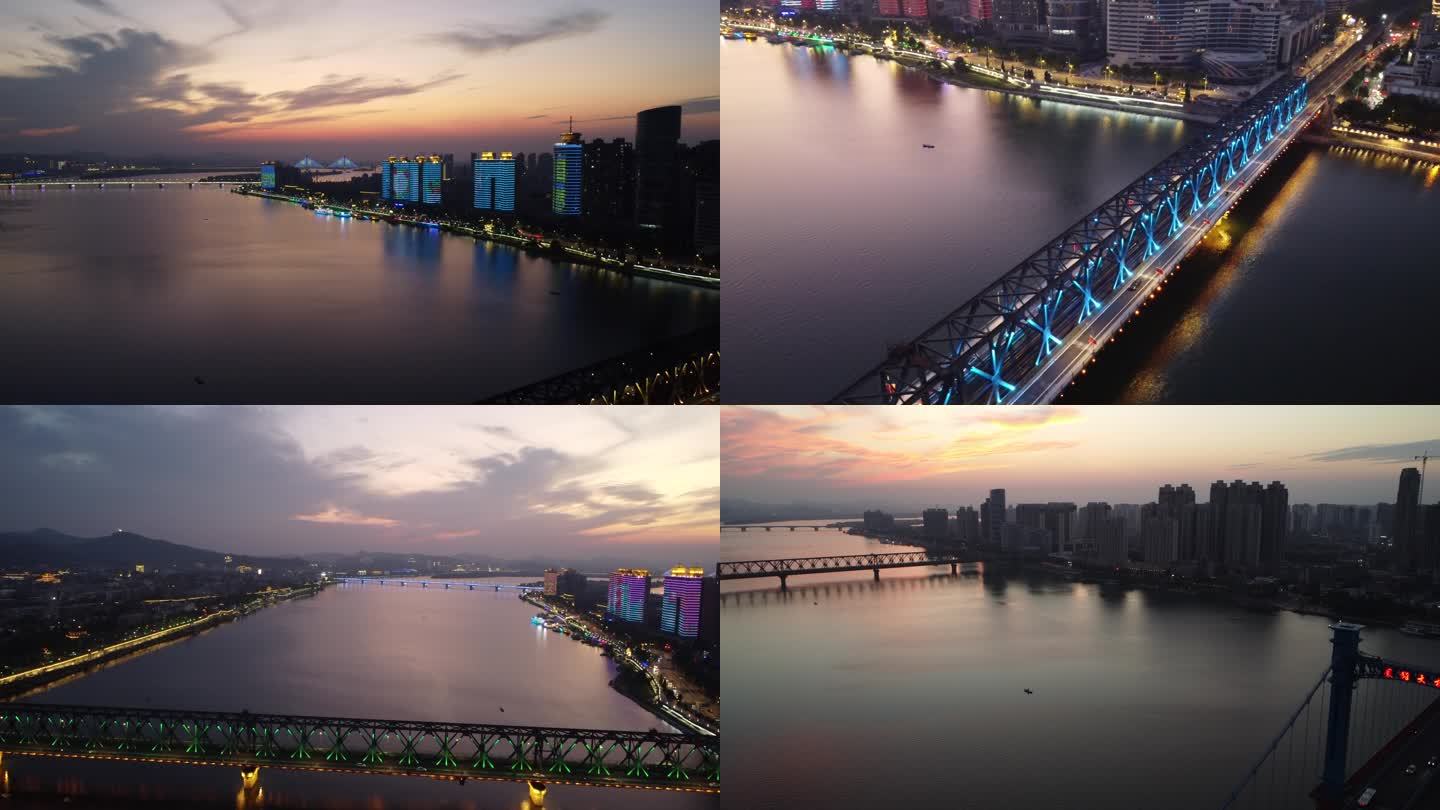 汉江大桥夕阳汉江襄阳都市夜幕唯美风景航拍