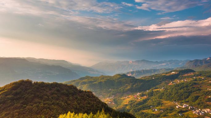 航拍山区夕阳晚霞延时