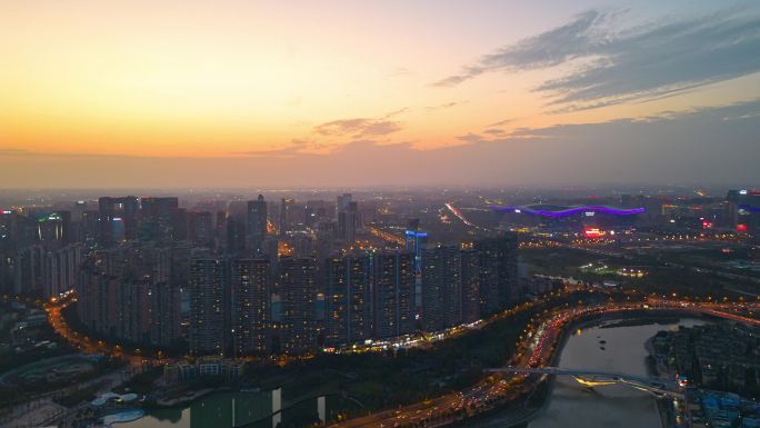 航拍成都高新区世纪城交通延时夜景