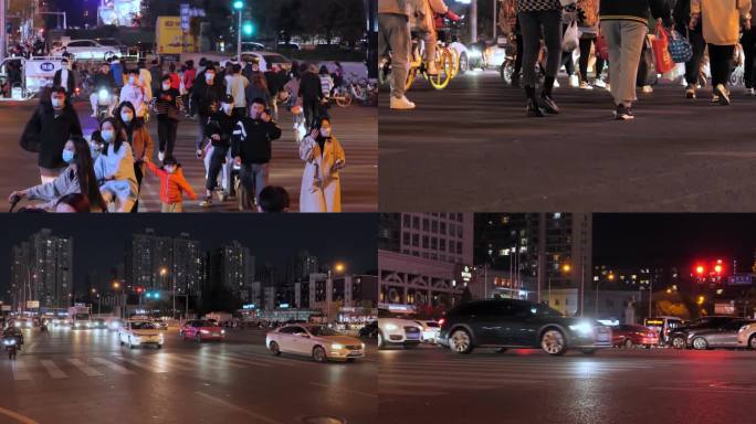 城市夜晚流动的人群 车辆慢动作