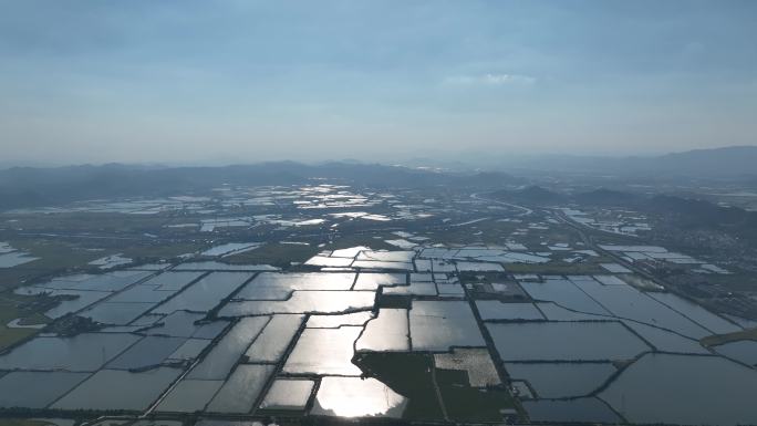 航拍浙江绍兴诸暨山下湖珍珠养殖水面波光