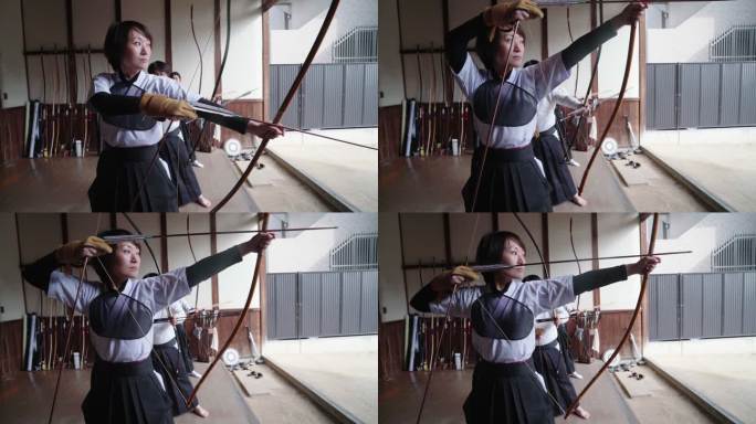 日本弓箭手准备弓箭并射击