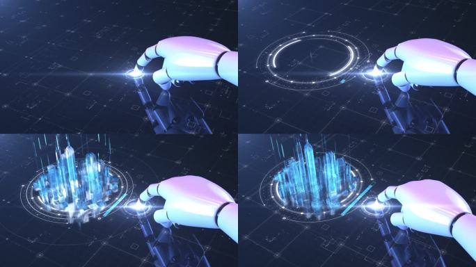 4k未来科技机器手操面全息城市人工智能C