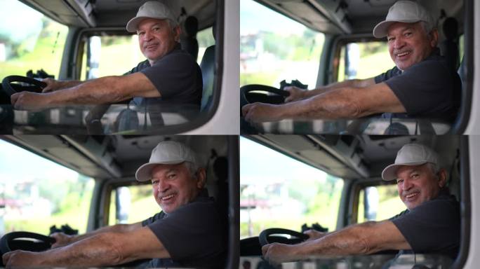 一位坐在驾驶室的高级男性卡车司机的肖像