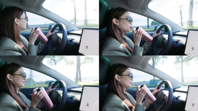 亚洲女性驾驶汽车美女时尚喝咖啡开心开车